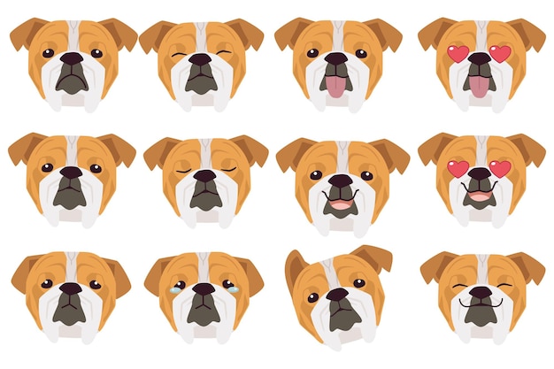 Conjunto de emociones de perro toro divertido sonriente y enojado perro triste y deleitado cara de emoji de dibujos animados de perro