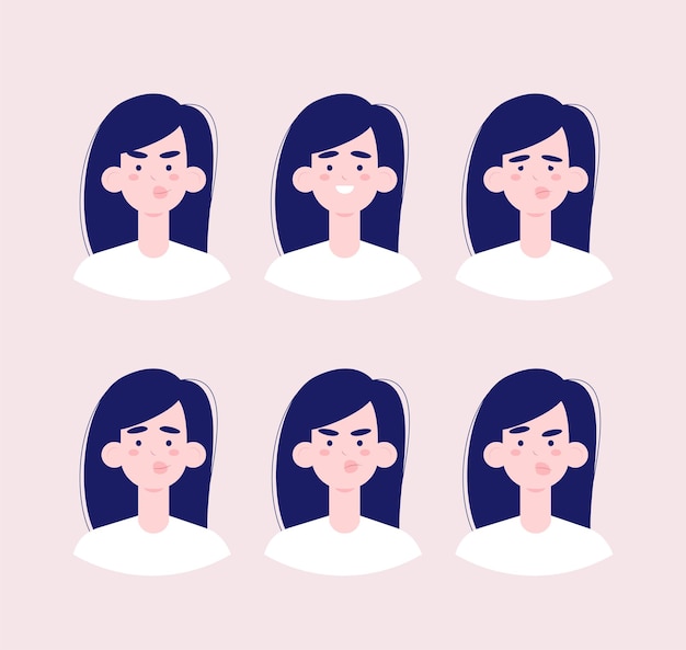 Conjunto de emociones de personajes femeninos en ilustración plana