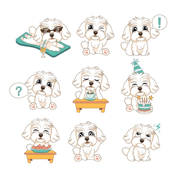 Vector conjunto de emociones y poses de un perro multipoo en la playa comiendo salchichas como cumpleaños