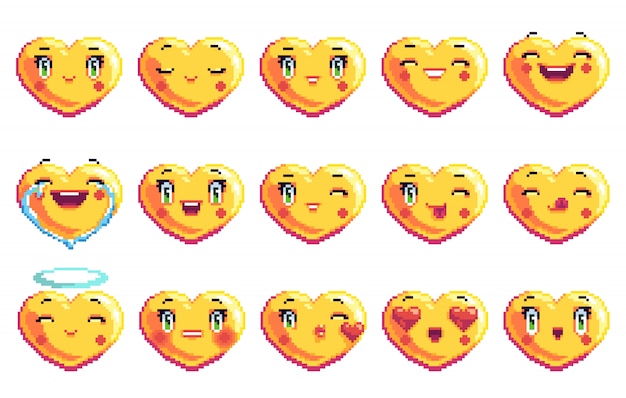 Vector conjunto de emociones positivas emoji pixel art en forma de corazón en color dorado