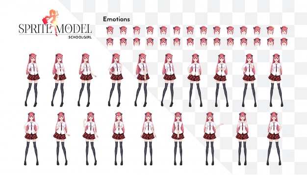 Conjunto de emociones sprite personaje de larga duración para la novela visual del juego. anime manga girl, personaje de dibujos animados en estilo japonés. en una camisa blanca, una falda roja en una jaula, una corbata y medias negras