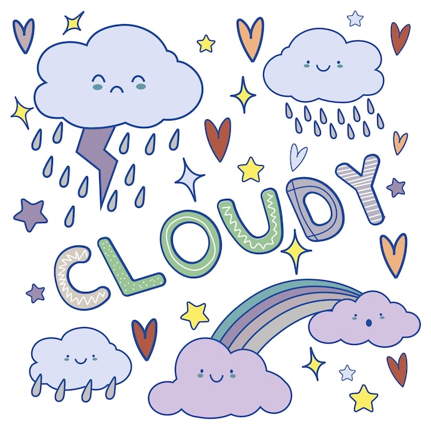 Vector conjunto de emoji en forma de nube con diferentes estados de ánimo kawaii lindos emoticonos de nubes y emoji de anime japonés enfrenta expresiones iconos cómicos de estilo de dibujos animados vectoriales establecidos eps