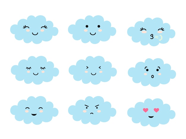 Vector conjunto de emoji en forma de nube con diferentes estados de ánimo.