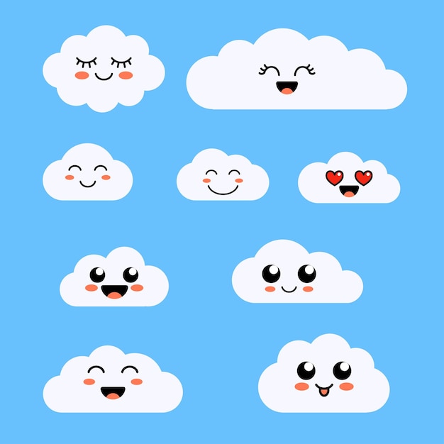 Vector conjunto de emoji en forma de nube con nubes lindas de diferente humor conjunto de iconos cómicos de dibujos animados vectoriales