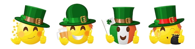 Vector conjunto de emoji irlandés con sombreros verdes, monedas de bandera de trébol y mascota