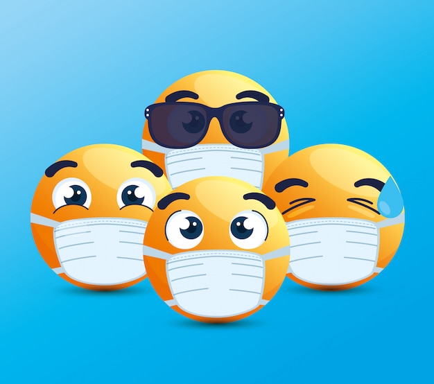 Conjunto de emoji con máscara médica, caras amarillas con máscaras quirúrgicas blancas, iconos para brote de coronavirus