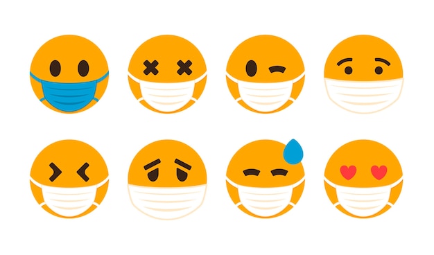 Vector conjunto de emoji plano con mascarilla