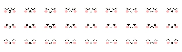 Conjunto de emoji de vector kawaii anime manga caras adorables y expresivas emoji caras lindas y felices