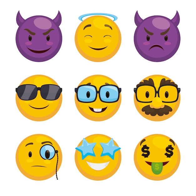 Conjunto de emojis con diferentes accesorios para expresar travesuras o bromas al estilo de las caricaturas