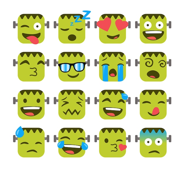 Vector conjunto de emojis divertidos con cara de monstruo frankenstein