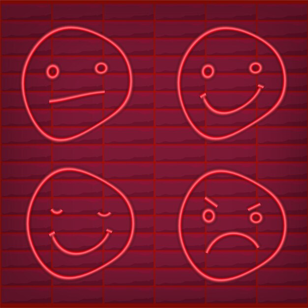 Conjunto de emoticon rojo luz neón efecto emoji lámpara resplandor aislado