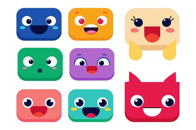 Conjunto de emoticones bonitos y felices en forma de vector plano aislado cuadrado ilustración de la colección pro en wh
