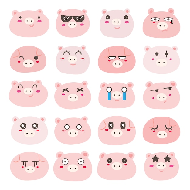 Conjunto de emoticones de cara de cerdo, diseño de personajes de cerdo lindo.