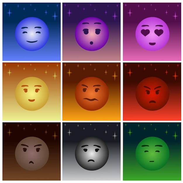 Vector un conjunto de emoticones con diferentes emociones sobre fondos coloridos.