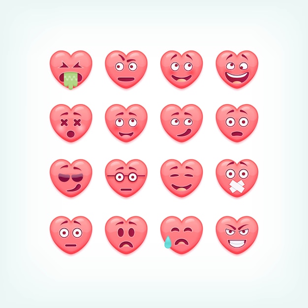 Conjunto de emoticones de forma de corazón. caritas románticas y de san valentín, emojies.