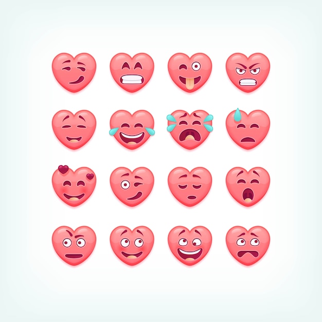 Conjunto de emoticones de forma de corazón. Caritas románticas y de San Valentín, emojies.