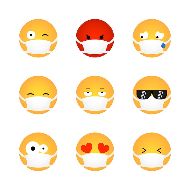 Vector conjunto de emoticones kawaii con máscara médica aislada sobre fondo blanco. concepto de protección contra virus corona. diseño plano emoji para chat de redes sociales, web, infografías, aplicaciones. ilustración