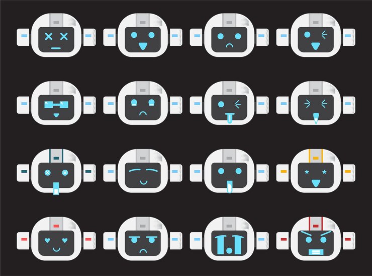 Vector un conjunto de emoticones de robots espaciales para elementos de diseño o proyecto emoji