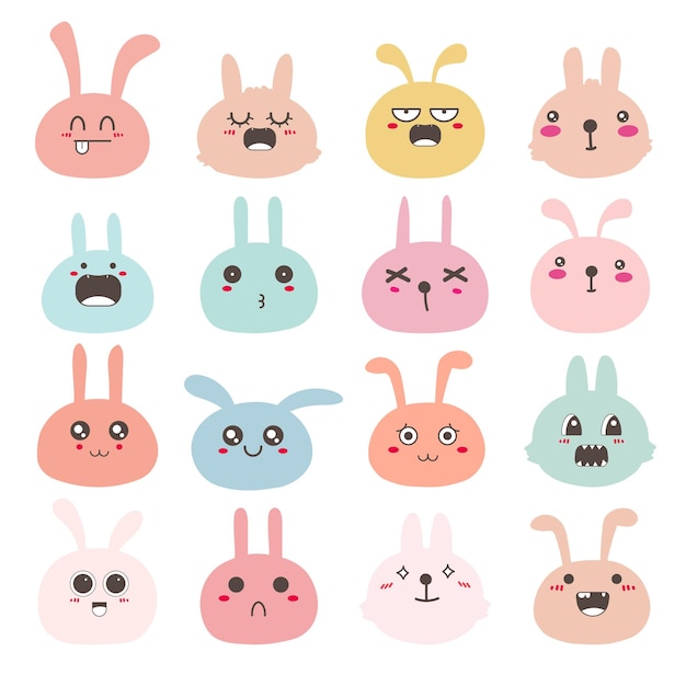 Conjunto de emoticonos de cara de conejo, diseño de personajes de conejo lindo.