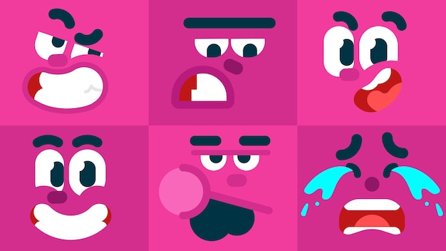 Vector conjunto de emoticonos coloridos, sonriendo, llorando, riendo, comiendo, expresiones faciales seguras y enojadas