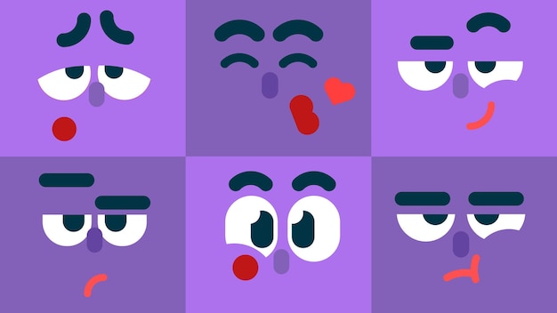 Vector conjunto de emoticonos coloridos, sonrientes, tristes, aburridos, confiados, preocupados, expresiones faciales de personajes de besos