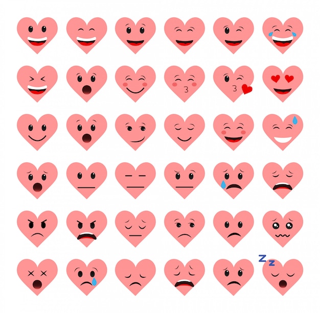 Un conjunto de emoticonos corazones sobre un fondo blanco. Diferentes emociones