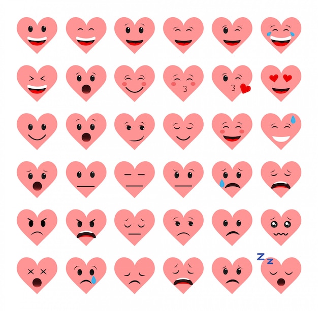 Vector un conjunto de emoticonos corazones sobre un fondo blanco. diferentes emociones