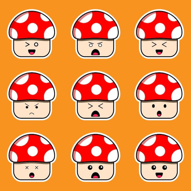 conjunto de emoticonos de dibujos animados de hongos con diferentes emociones.