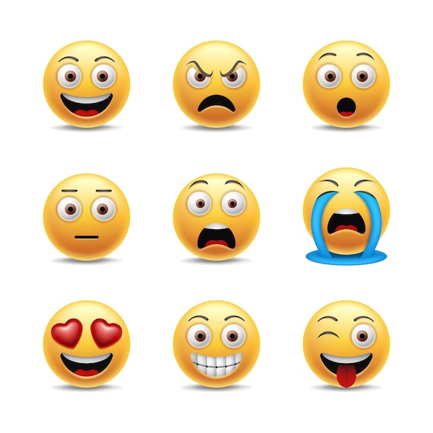 Conjunto de emoticonos divertidos colección de emoji caras amarillas con diferentes expresiones