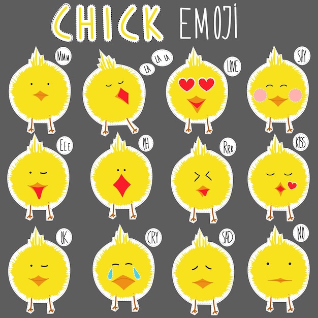 Conjunto de emoticonos de pollito amarillo de ilustración vectorial