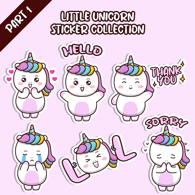 Conjunto de emoticonos de redes sociales lindo pequeño unicornio colección de pegatinas emoji animal
