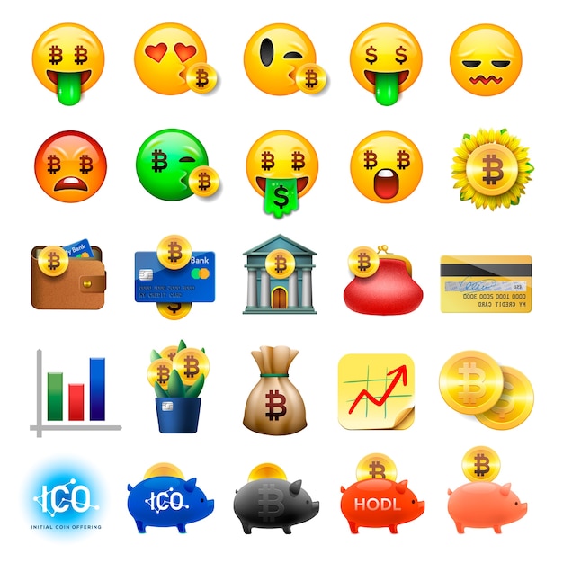 Conjunto de emoticonos sonrientes lindos, diseño emoji, bicoin, negocios, iconos de moneda criptográfica, ilustración.