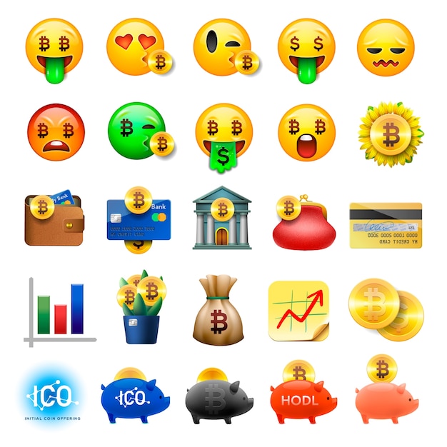 Vector conjunto de emoticonos sonrientes lindos, diseño emoji, bicoin, negocios, iconos de moneda criptográfica, ilustración.