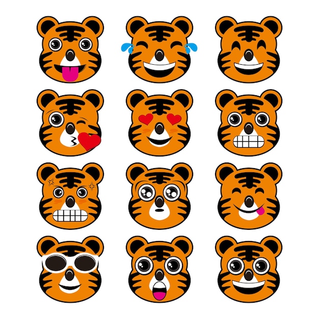 Conjunto de emoticonos de tigre lindo con diferentes expresiones caras emoji