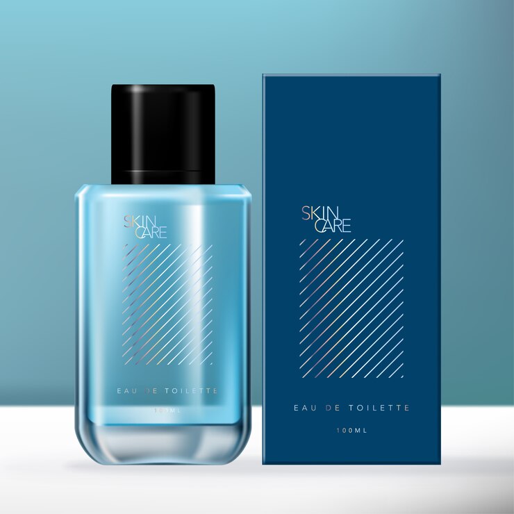Conjunto de empaque de botella de vidrio de fragancia para hombres azul y holográfico con caja de cartón.