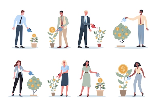 Conjunto de empresarios regando un árbol del dinero. Feliz personaje exitoso con un árbol de monedas de oro. Bienestar financiero, crecimiento e inversión.