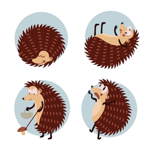 Conjunto de encantador personaje de erizo de dibujos animados durmiendo recogiendo setas y relajándose