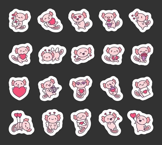 Conjunto de encantadores axolotles para el día de San Valentín