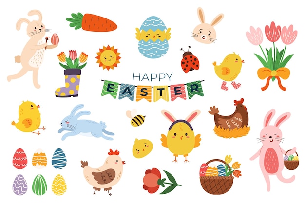 Conjunto De Encantadores Iconos De Pascua Que Representan Varios Elementos Como Conejitos Insectos Huevos Cestas Y Flores