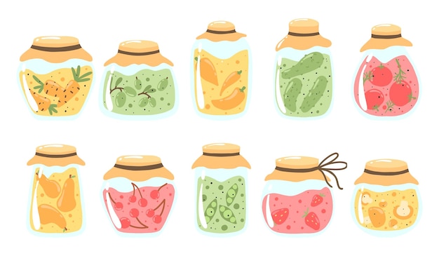 Un conjunto de encurtidos y mermeladas Colección de tarros de encurtidos con pepinos tomates pimientos aceitunas champiñones Cereza de fresa y mermelada de pera Ilustración vectorial