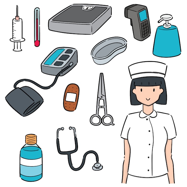 Conjunto de enfermeras y equipos médicos