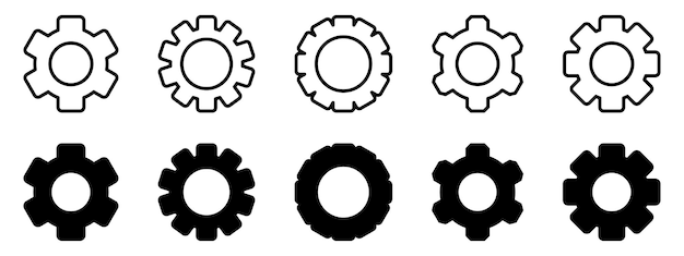Conjunto de engranajes Iconos de rueda de engrenajes negros sobre fondo blanco