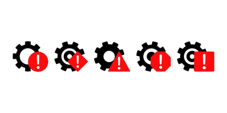 Vector conjunto de engranajes con signos de exclamación rojos error o problema en el sistema falla técnica o error