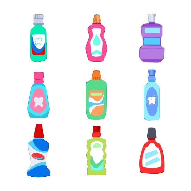 conjunto de enjuague bucal líquido de dibujos animados cuidado bucal higiene dental enjuague bucal fresco signo símbolo aislado ilustración vectorial