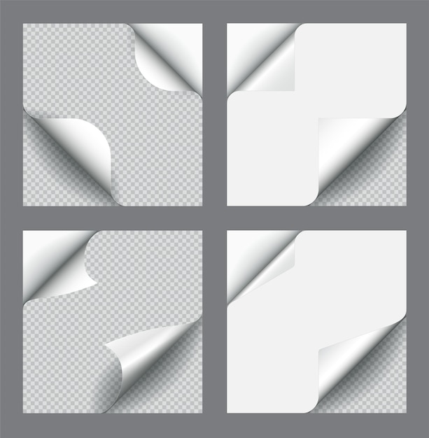 Vector conjunto de enrollamiento de página de papel vectorial con sombra aislada transparente