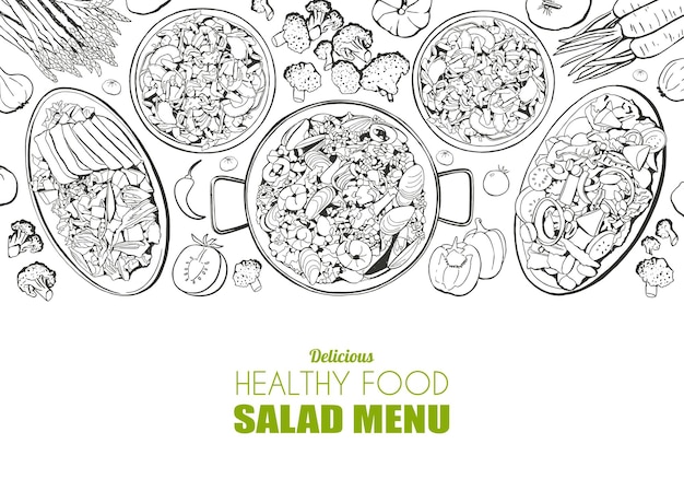 Conjunto de ensaladas dibujado a mano Menú de alimentos saludables plantilla Ilustración de esquema vectorial