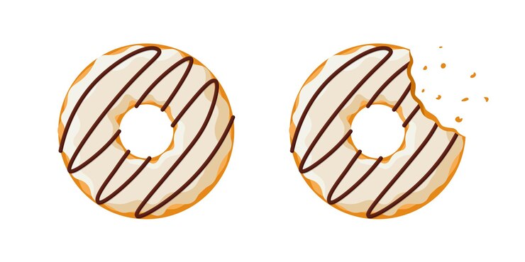 Conjunto entero y mordido colorido sabroso buñuelo aislado sobre fondo blanco. Vista superior de rosquilla esmaltada en tira blanca y chocolate para decoración de cafetería o diseño de menú de panadería. Ilustración vectorial eps plana