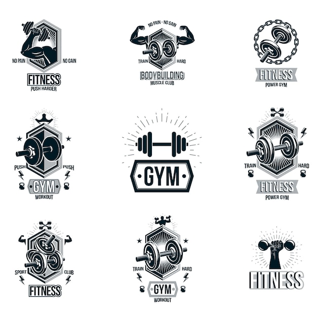 Conjunto de entrenamiento de fitness vectorial y logotipos temáticos de gimnasio de levantamiento de pesas y carteles inspiradores hechos con pesas, equipos deportivos de pesas de disco y siluetas musculares de atletas.