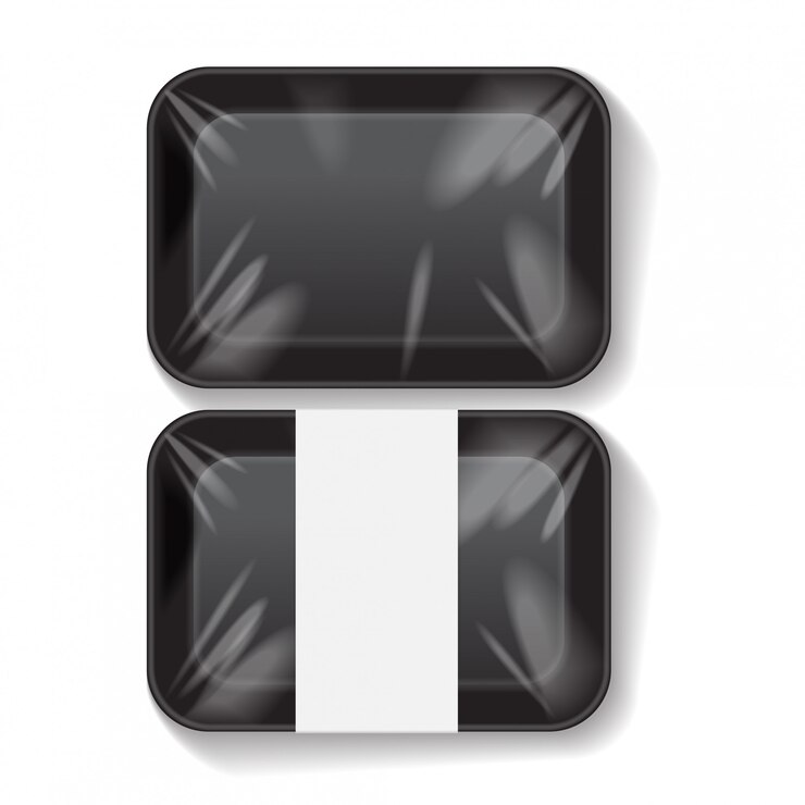 Vector conjunto de envase de bandeja de comida de plástico de espuma de poliestireno en blanco rectángulo negro. modelo