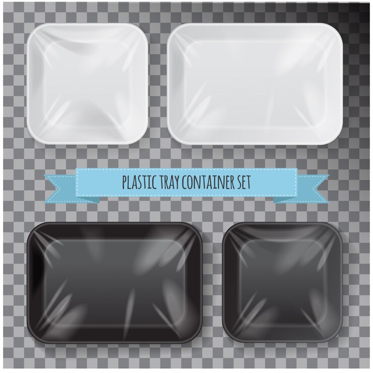 Vector conjunto de envase de bandeja de comida de plástico de espuma de poliestireno rectangular en blanco y negro.